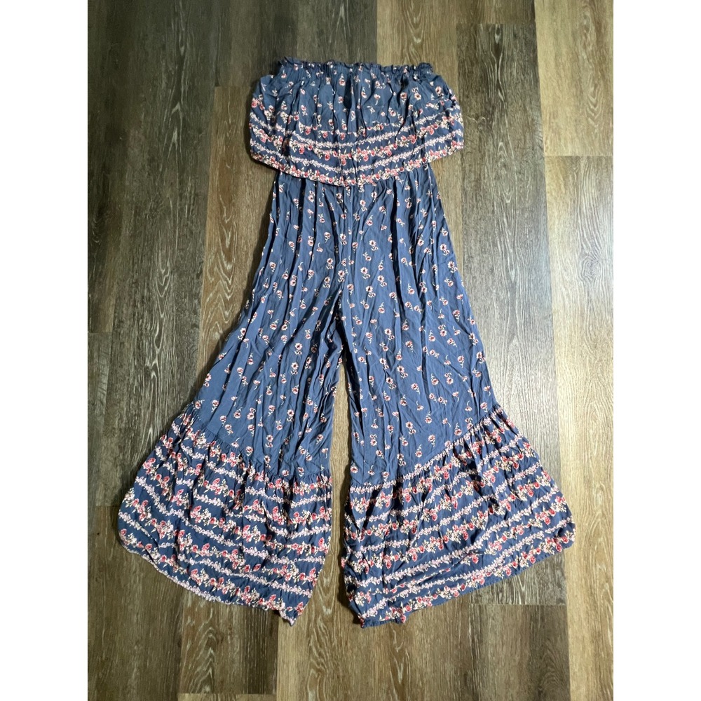 Japna Strapless Jumpsuit Womens Size M Blue Floral Smocked Wide Leg Boho